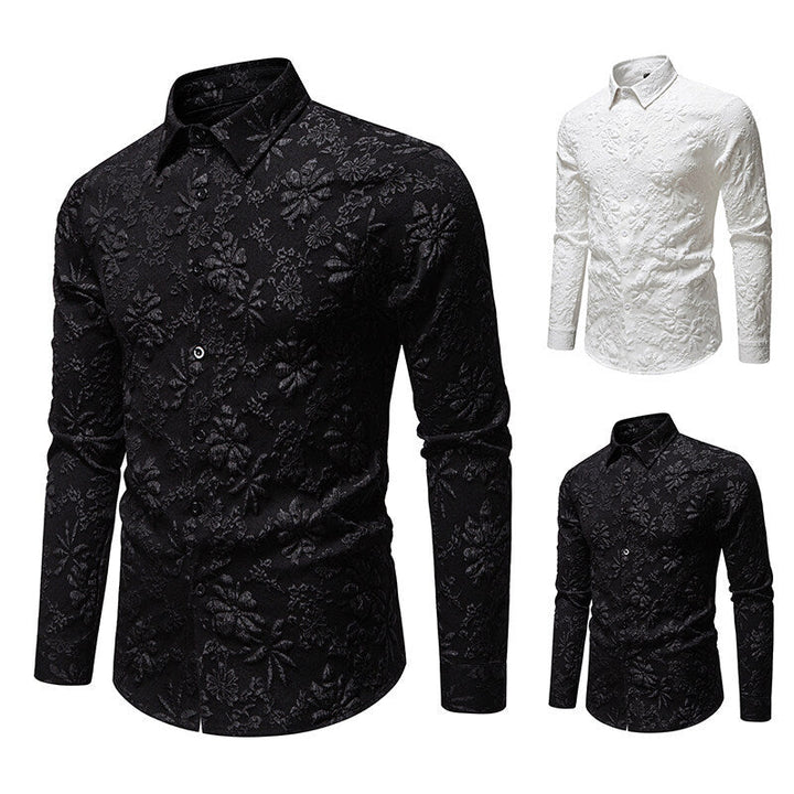 Slim fit men's long sleeve shirt featuring a sophisticated floral pattern, ideal for modern men's fashion.