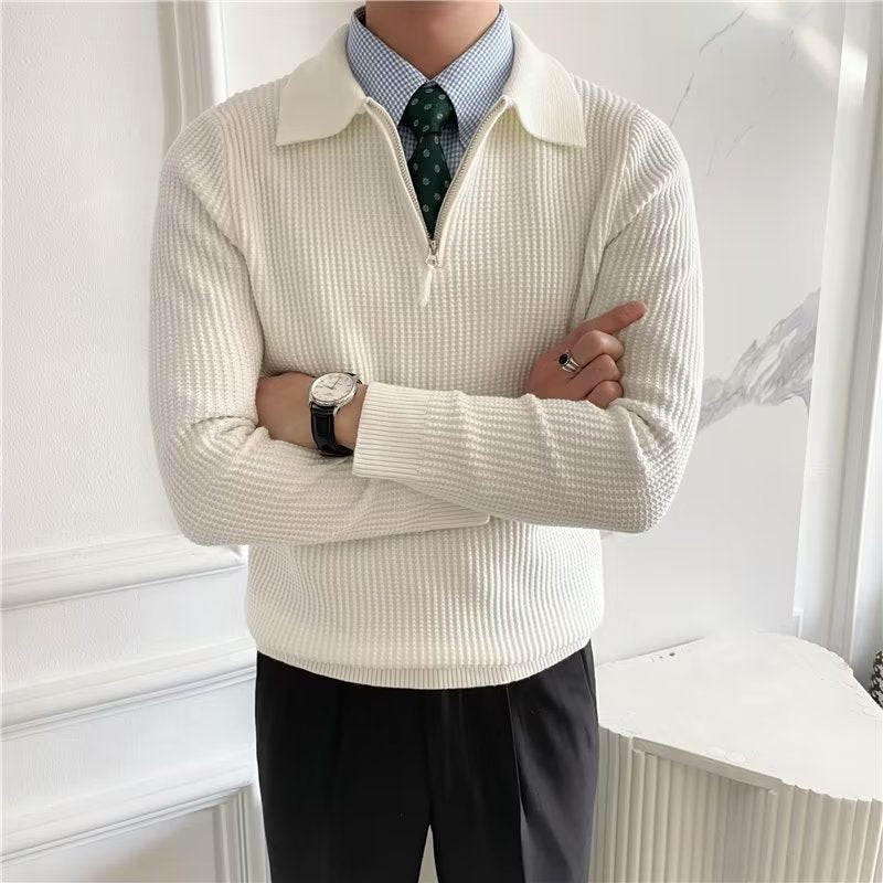 Versatile men's long sleeve zip polo sweater. Great for casual and smart fall/winter outfits.