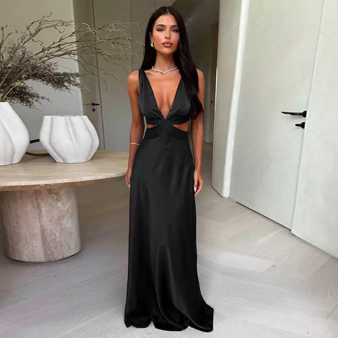 Sophisticated women's occasion wear, a floor-length V-neck dress with tasteful cut-outs.