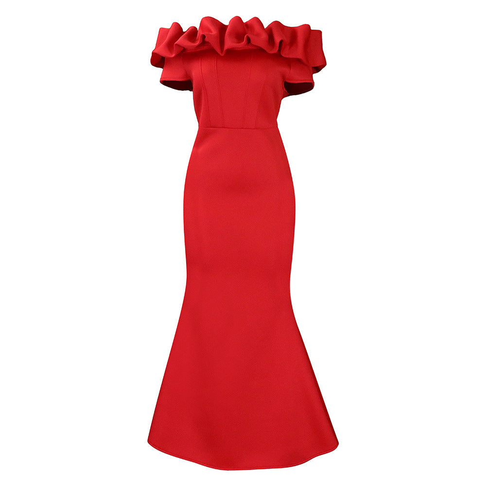Chic red Bardot midi dress with ruffles for women, ideal for special occasions & evening events.