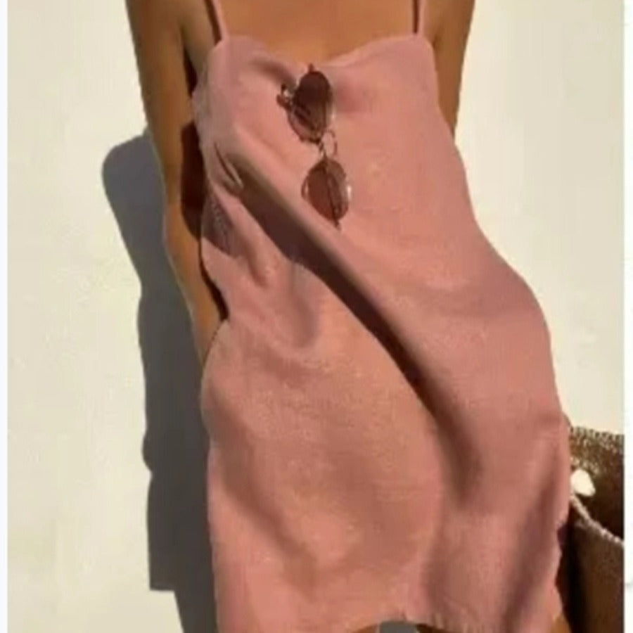 Breezy lightweight women's sundress, a stylish midi with spaghetti straps & pockets for effortless summer fashion.