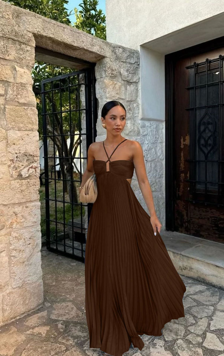 Pleated off-shoulder women's formal dress, featuring sophisticated elegant straps for a refined, modern look.