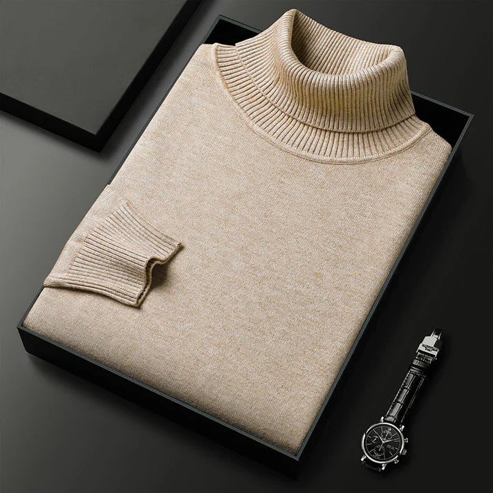 Warm men's premium knit turtleneck sweater. Essential elegant knitwear for winter casual men's fashion.