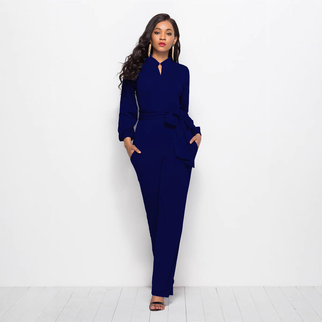 Chic women's tailored long-sleeve jumpsuit, offering a professional yet elegant fashion statement.