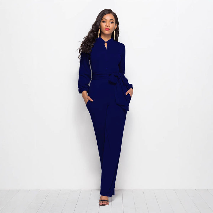 Chic women's tailored long-sleeve jumpsuit, offering a professional yet elegant fashion statement.