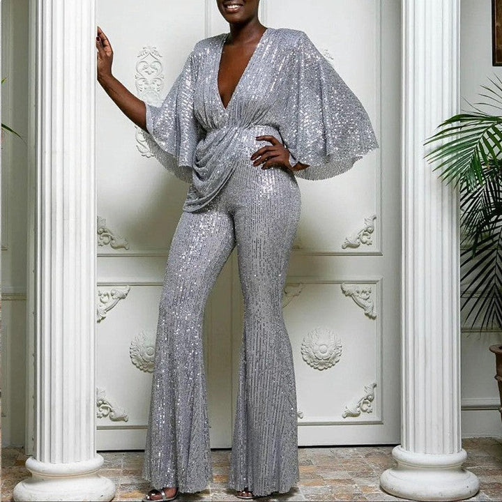 Dazzling women's sequin V-neck jumpsuit with wide-leg pants, perfect for glamorous party attire.