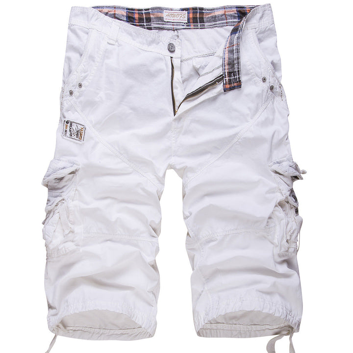 Khaki men's utility shorts, featuring spacious cargo pockets for summer wear & casual everyday style.