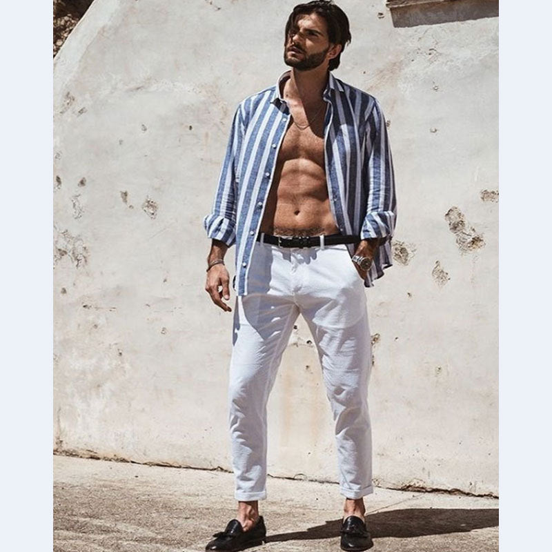 Stylish striped men's short sleeve button-up shirt with a relaxed fit, great for casual summer wear & beach.