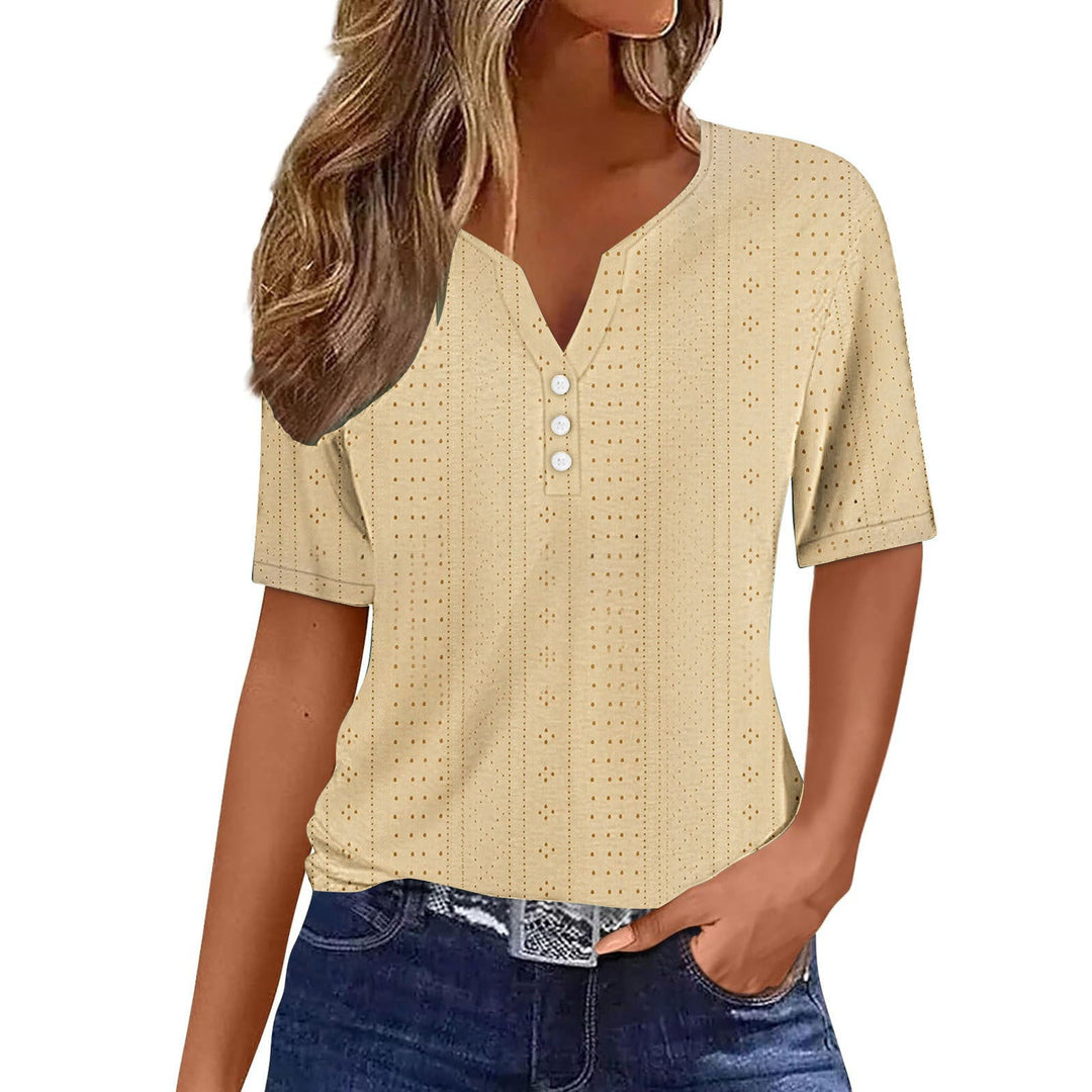Casual elegant women's short sleeve mesh top, featuring a flattering V-neck and decorative button detail.