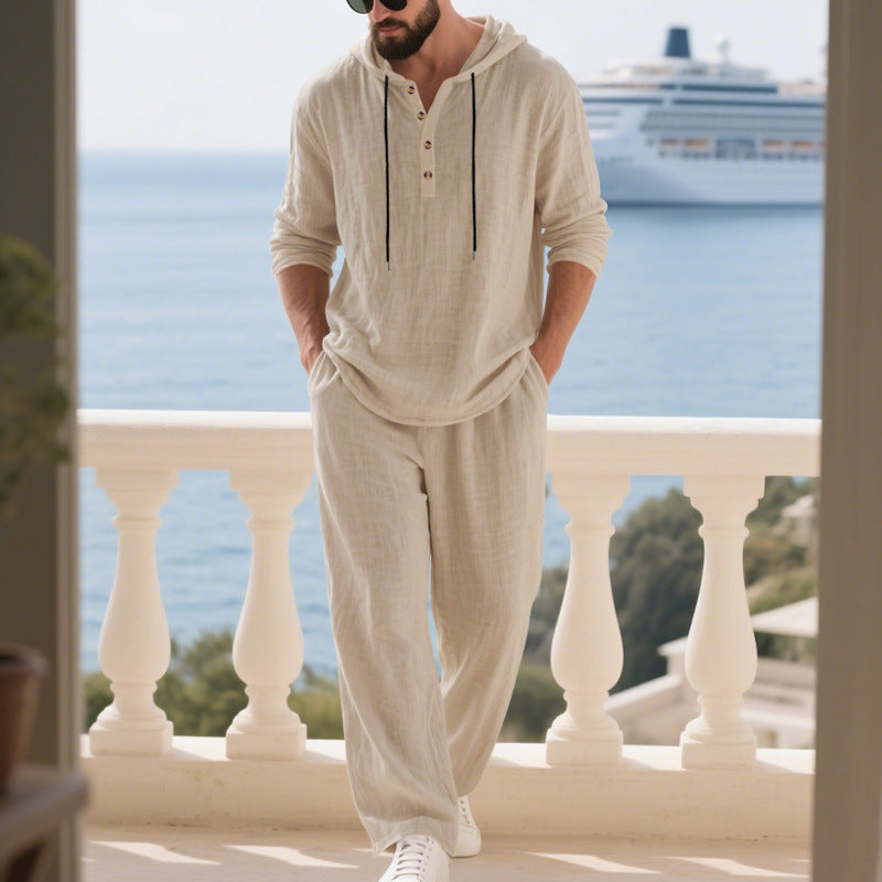 Male model wearing a comfy relaxed fit hoodie set, great for vacation or streetwear.