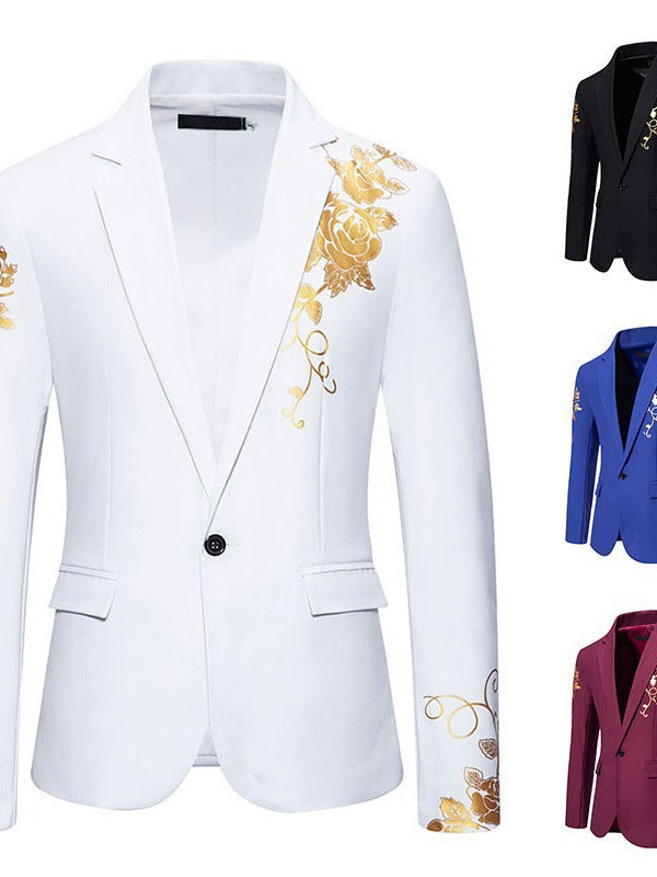 Men's black dress jacket with luxurious floral embroidery, suitable for weddings & galas.