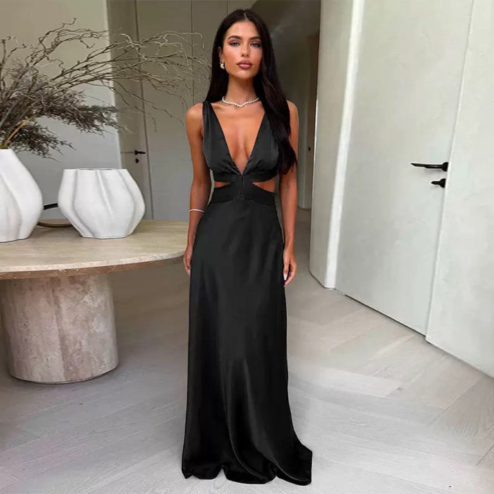 Chic women's party gown with deep V-neck and elegant cut-outs, ideal for special occasions.