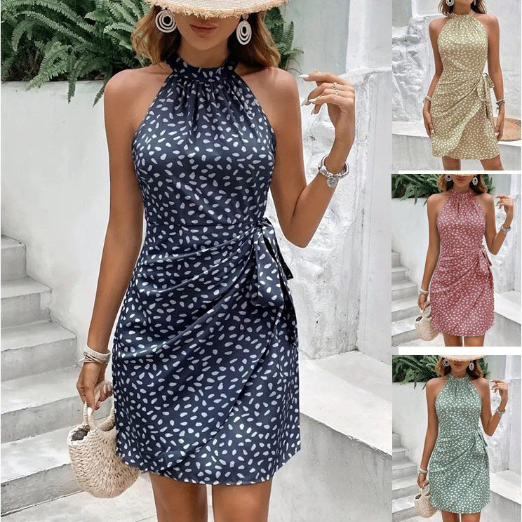 Elegant women's halter neck wrap dress. Perfect for summer parties & casual wear. Flattering and versatile.