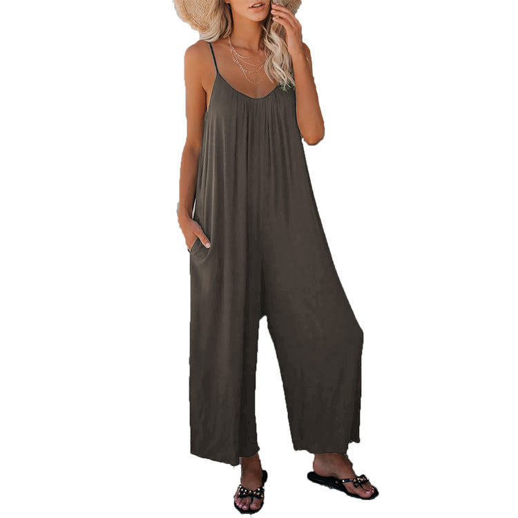 Sleeveless women's summer jumpsuit, casual design with a plunging neckline & practical pockets for ease.