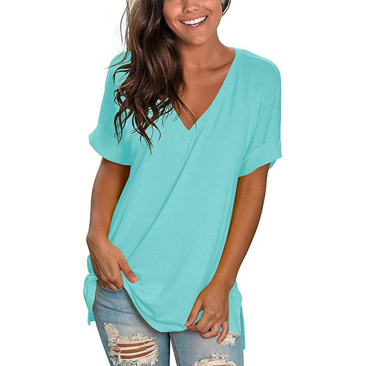 Modern casual V-neck t-shirt for women, a comfortable short-sleeve top for everyday fashion.