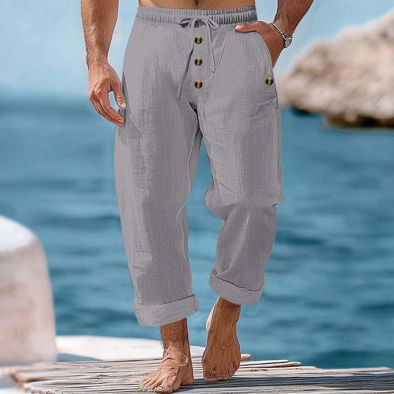 Breathable men's casual pants, relaxed fit, with adjustable drawstring waist for summer comfort.