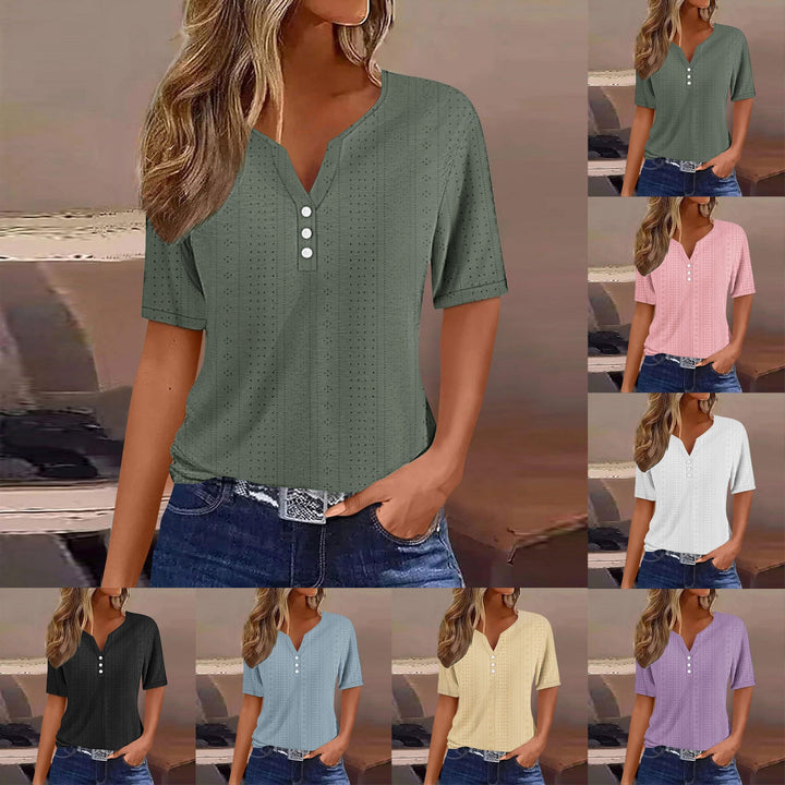 Elegant women's mesh short sleeve blouse with V-neck & button detail, perfect for summer fashion.
