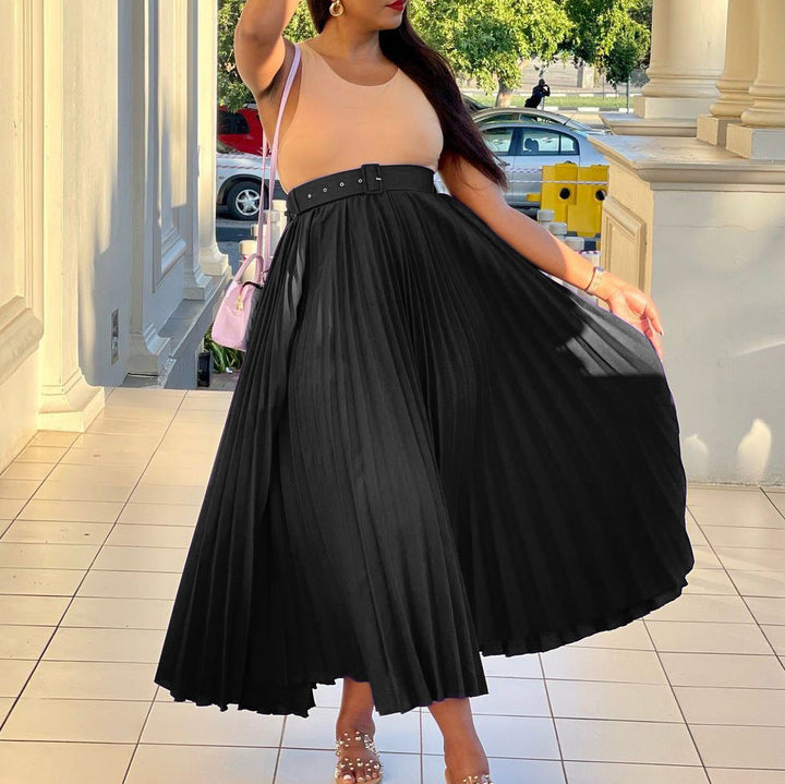 Versatile pleated midi skirt for women, chic design with a removable belt for any occasion.