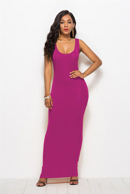 Versatile women's elegant maxi dress, deep round neck. Perfect for party, formal, or casual occasion wear.