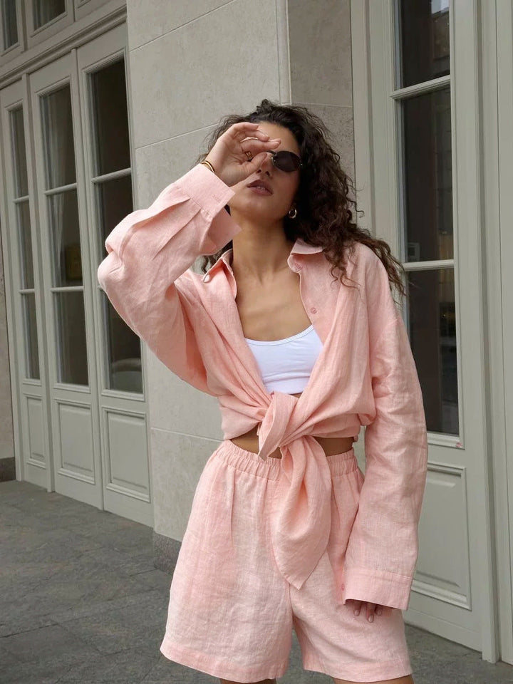 Everyday women's casual summer set: a comfortable blouse & matching shorts. Stylish two-piece outfit.