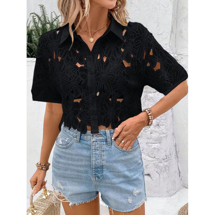 Lightweight short sleeve women's blouse featuring intricate floral crochet details and button-up front.
