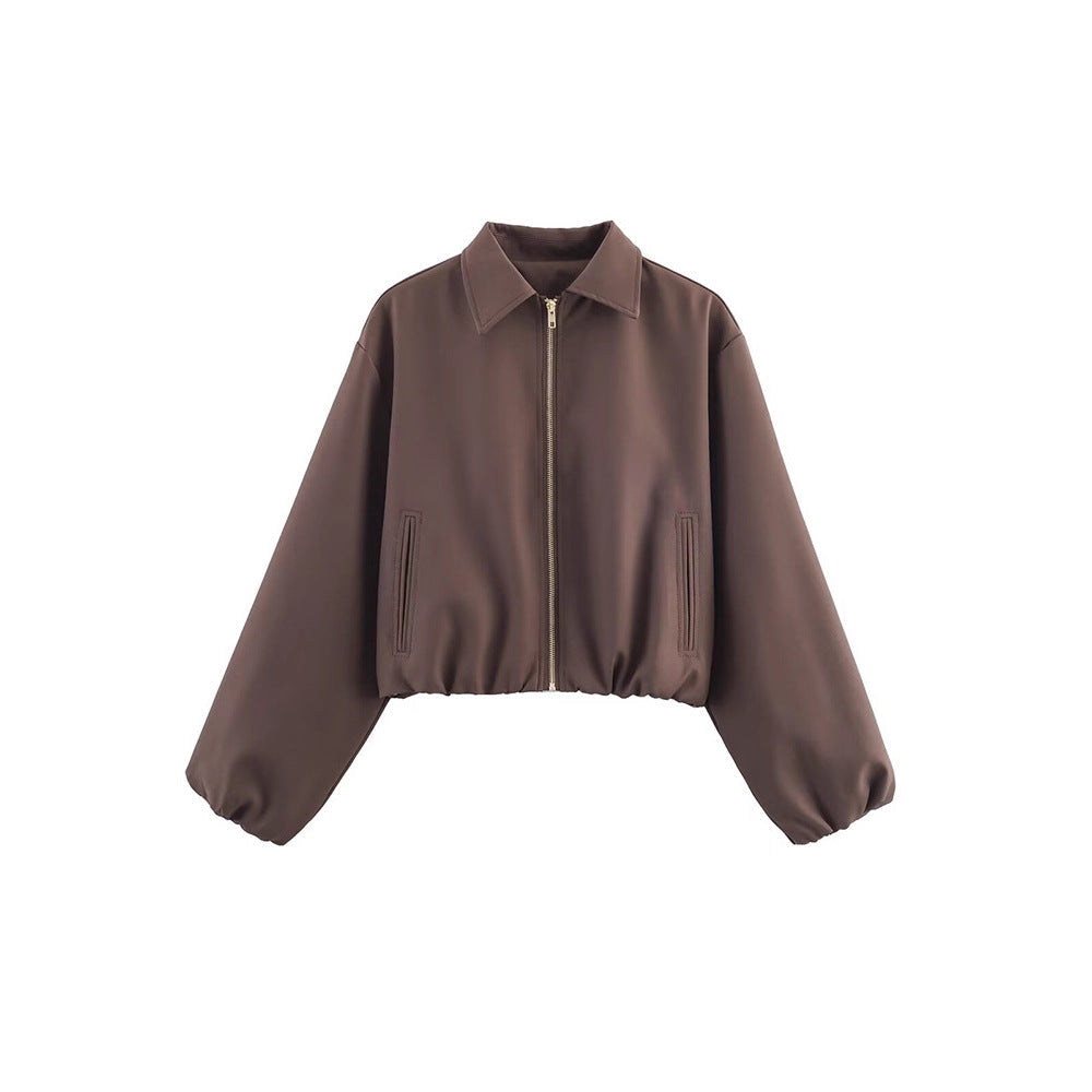 Stylish women's short zip-up jacket, a must-have for spring and fall casual outfits.