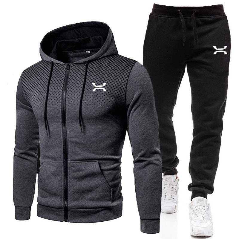 Men's athletic tracksuit set with breathable hoodie & jogging pants for gym, workout, or casual wear.