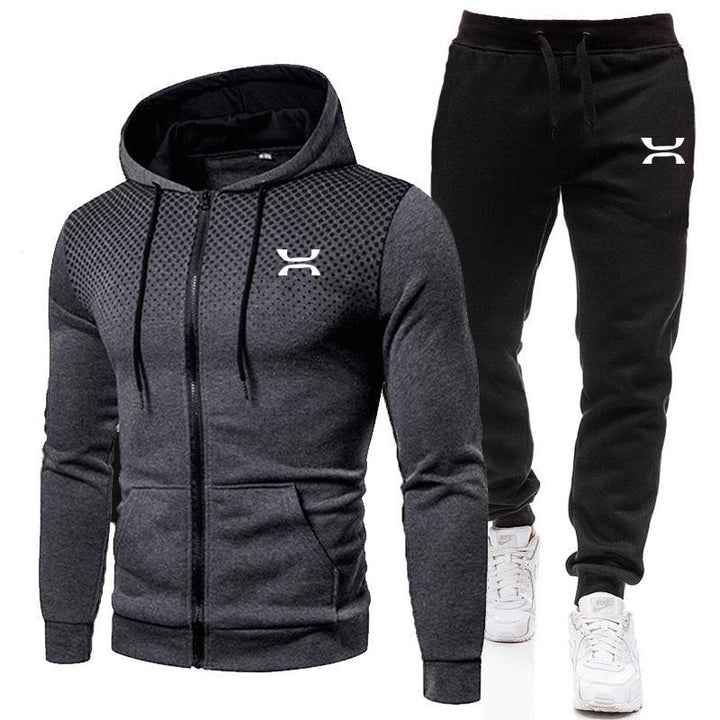 Men's athletic tracksuit set with breathable hoodie & jogging pants for gym, workout, or casual wear.