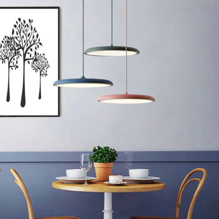 Close-up of a sleek, minimalist Nordic LED pendant lamp. Modern Scandinavian design, elegant ceiling fixture.