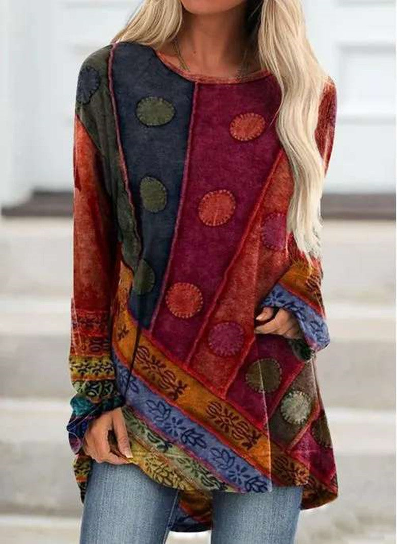 Women's colorful pattern long sleeve top, a vibrant and stylish round neck casual shirt for comfort.