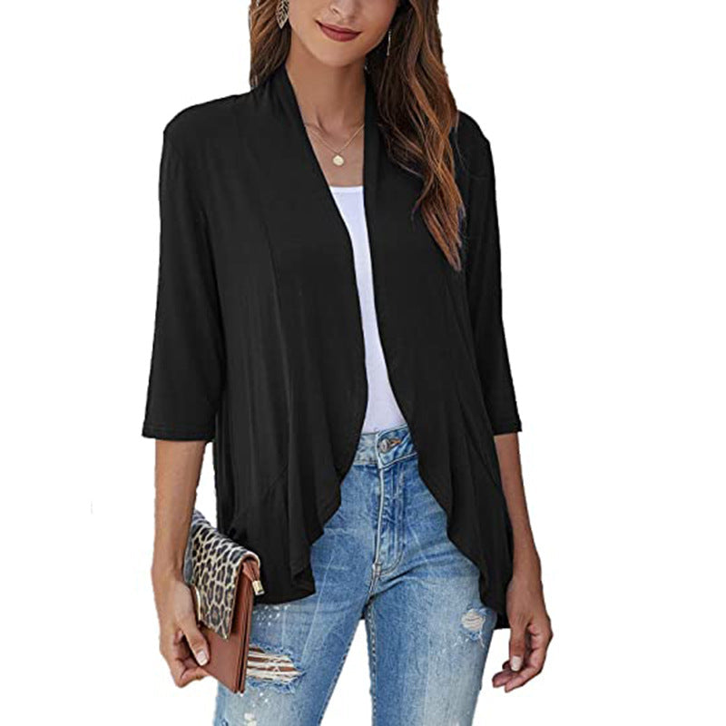 Chic women's lightweight 3/4 sleeve jacket, open front design for trendy everyday and casual style.