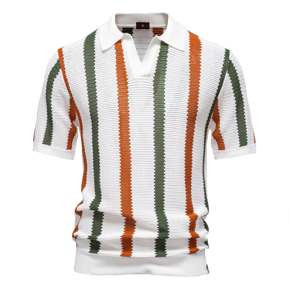 Comfortable men's short sleeve knit polo with vertical stripes & a relaxed open collar for casual summer style.