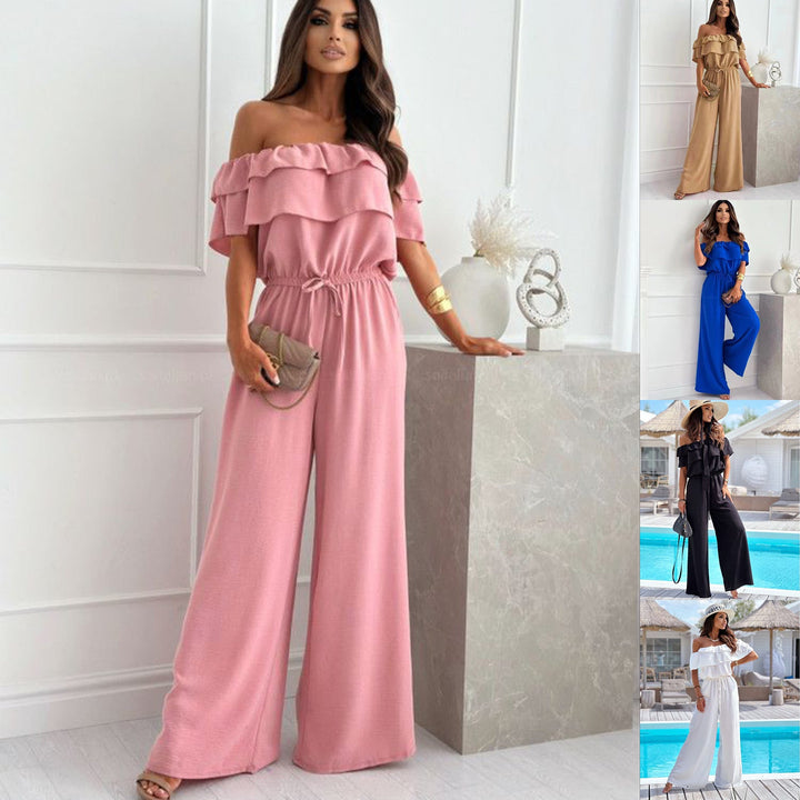 Women's chic off-shoulder wide-leg jumpsuit. Elegant, comfortable for casual or evening wear. Fashionable womens clothing.