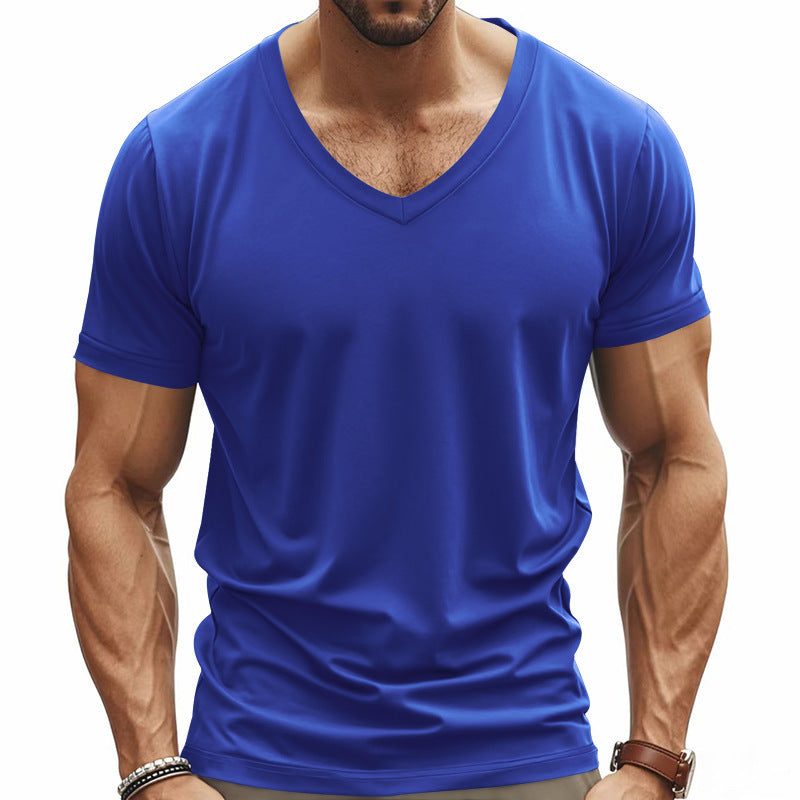 Versatile men's V-neck performance t-shirt, great for gym, casual wear, or outdoor activities.