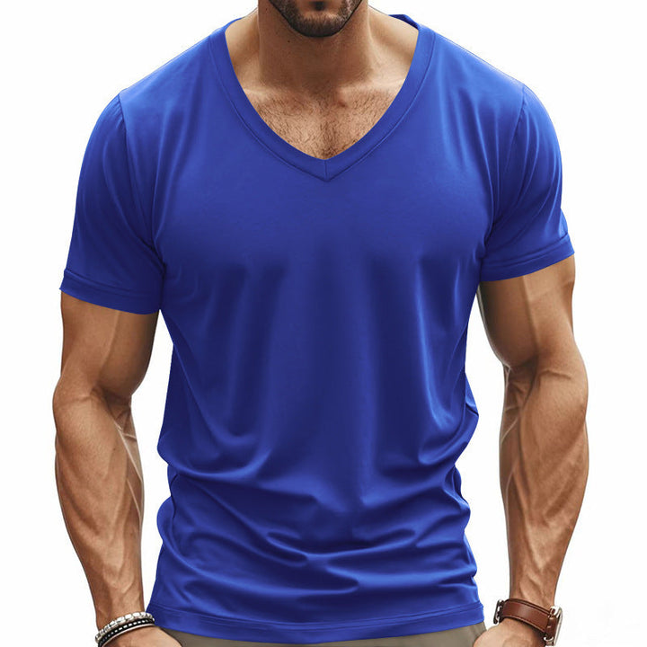 Versatile men's V-neck performance t-shirt, great for gym, casual wear, or outdoor activities.