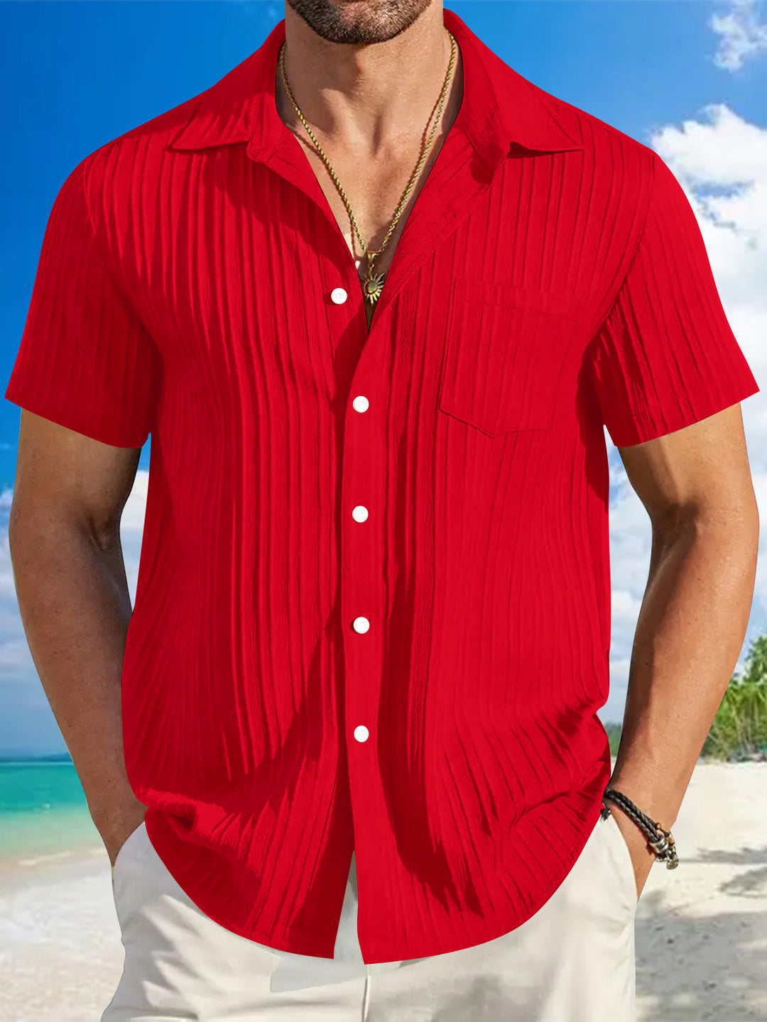 Men's stylish structured short sleeve beach shirt. Button-down, relaxed fit for summer vacation.
