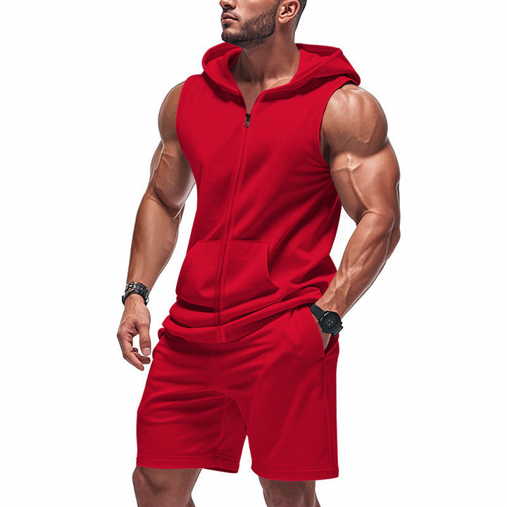 Performance men's gym wear set: short-sleeve hooded top & athletic shorts with pockets for active lifestyles.