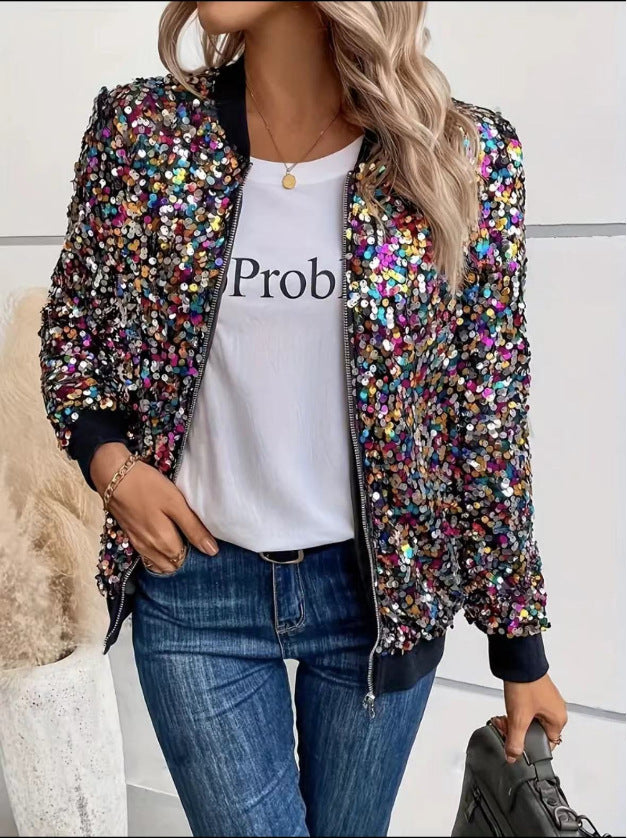 Elegant women's functional jacket, fully adorned with sequins, offering a stylish and comfortable fit for any party.