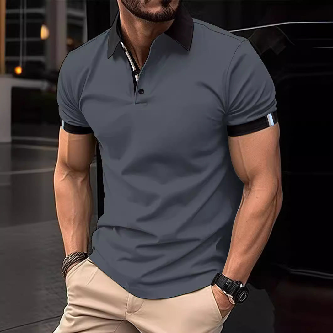 Stylish contrast men's polo shirt, durable fabric, ideal for golf, casual outings & everyday comfort.
