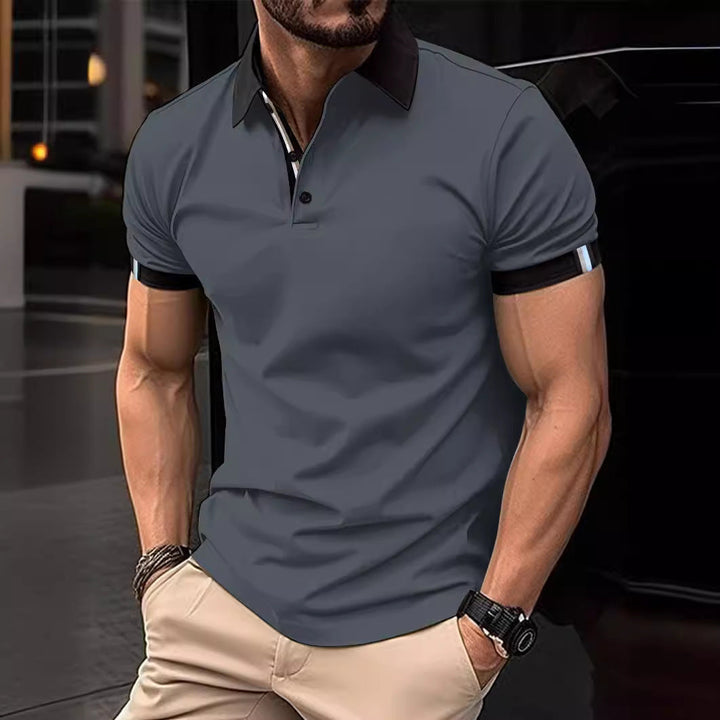 Stylish contrast men's polo shirt, durable fabric, ideal for golf, casual outings & everyday comfort.