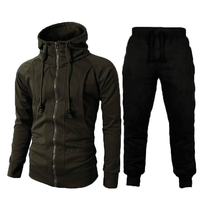 Men's workout set: long-sleeve top & joggers with pockets, designed for comfort, flexibility & performance.