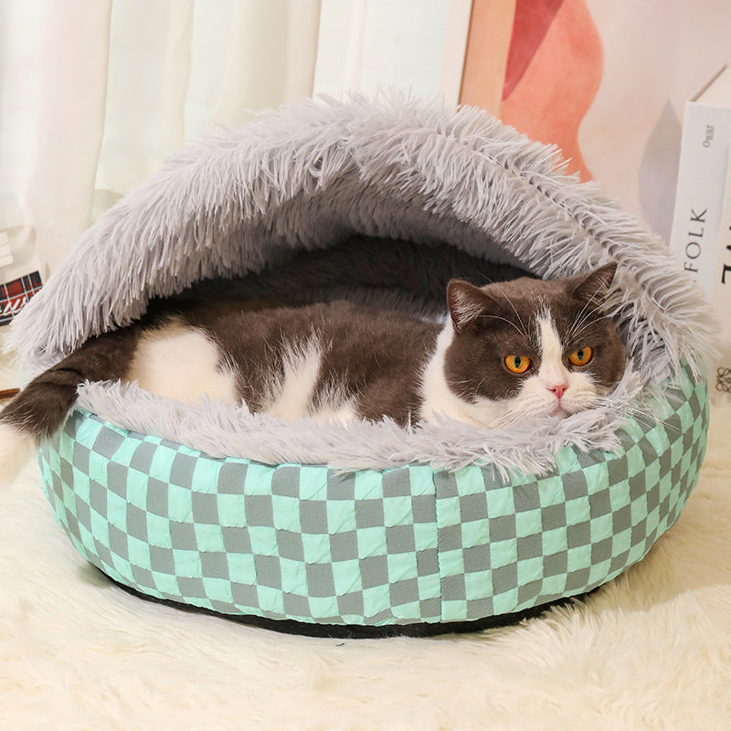 Warm checked cat cave bed, soft and cozy pet house for cats to relax and sleep in comfort.