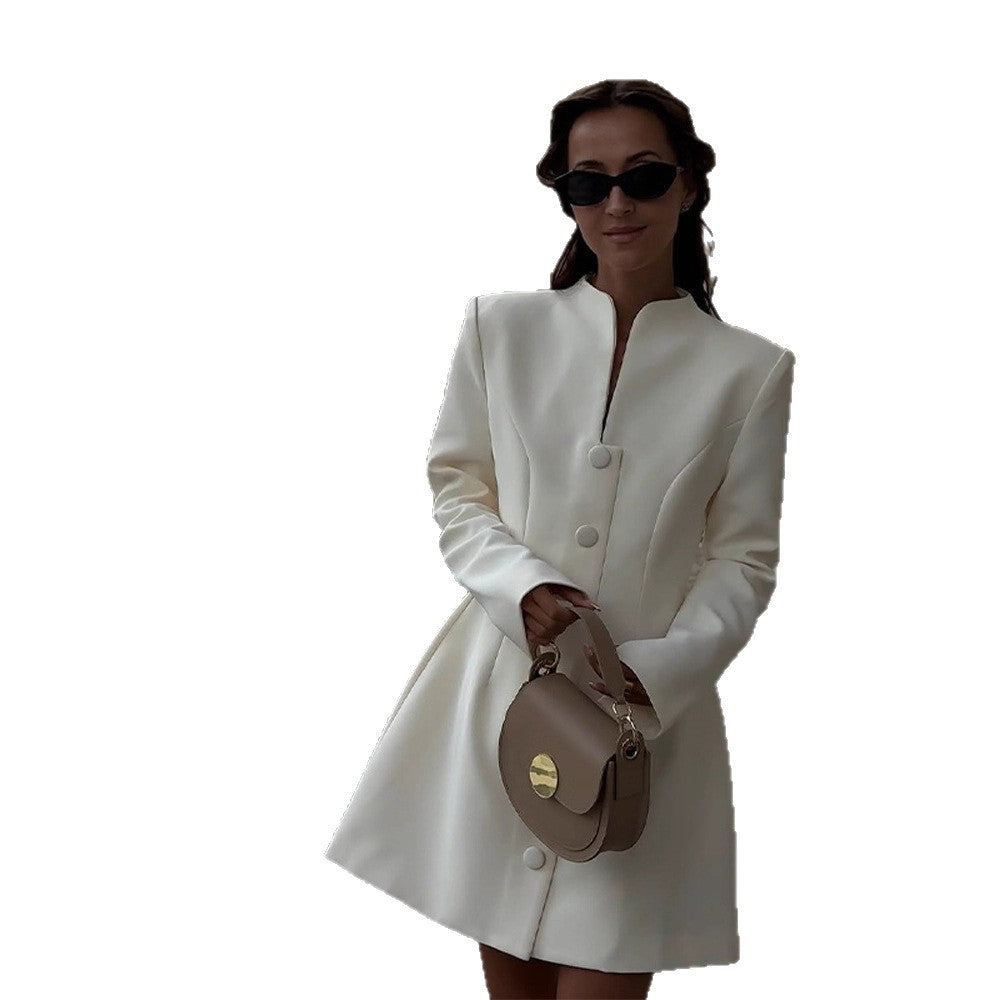 Chic tailored blazer dress for women with notched lapels & button details, elegant formal wear.
