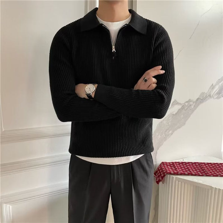 Men's smart casual zip-up polo pullover sweater. Long sleeve, textured knit for fall/winter comfort.