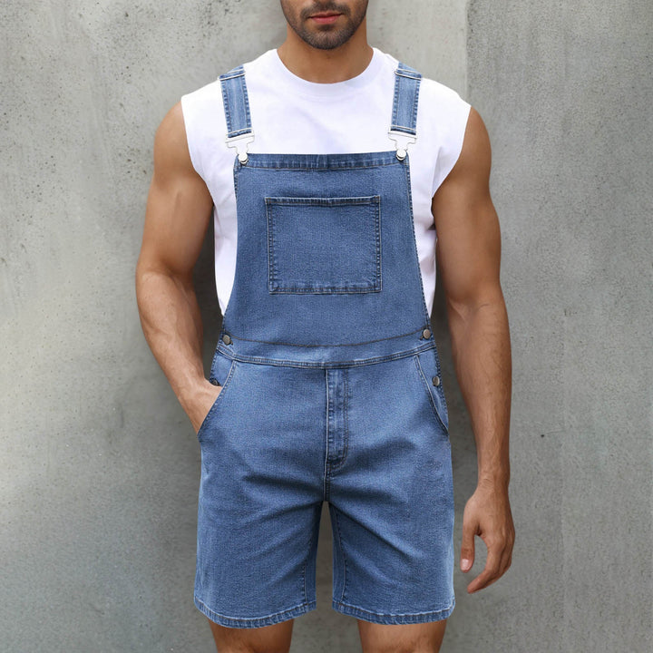 Front view: Men's modern overalls with adjustable straps & large functional utility pockets.