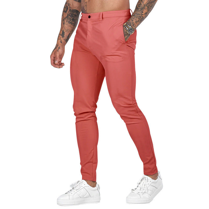 Zoom: Breathable stretch cotton material of men's slim-fit casual & formal trousers, soft to the touch.