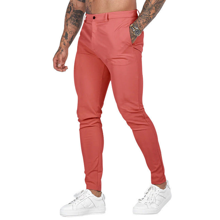 Zoom: Breathable stretch cotton material of men's slim-fit casual & formal trousers, soft to the touch.