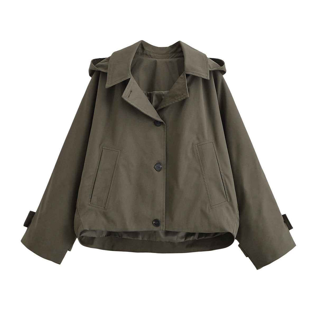Versatile women's cropped hooded windbreaker, a lightweight jacket for casual spring, autumn, & everyday transitional wear.