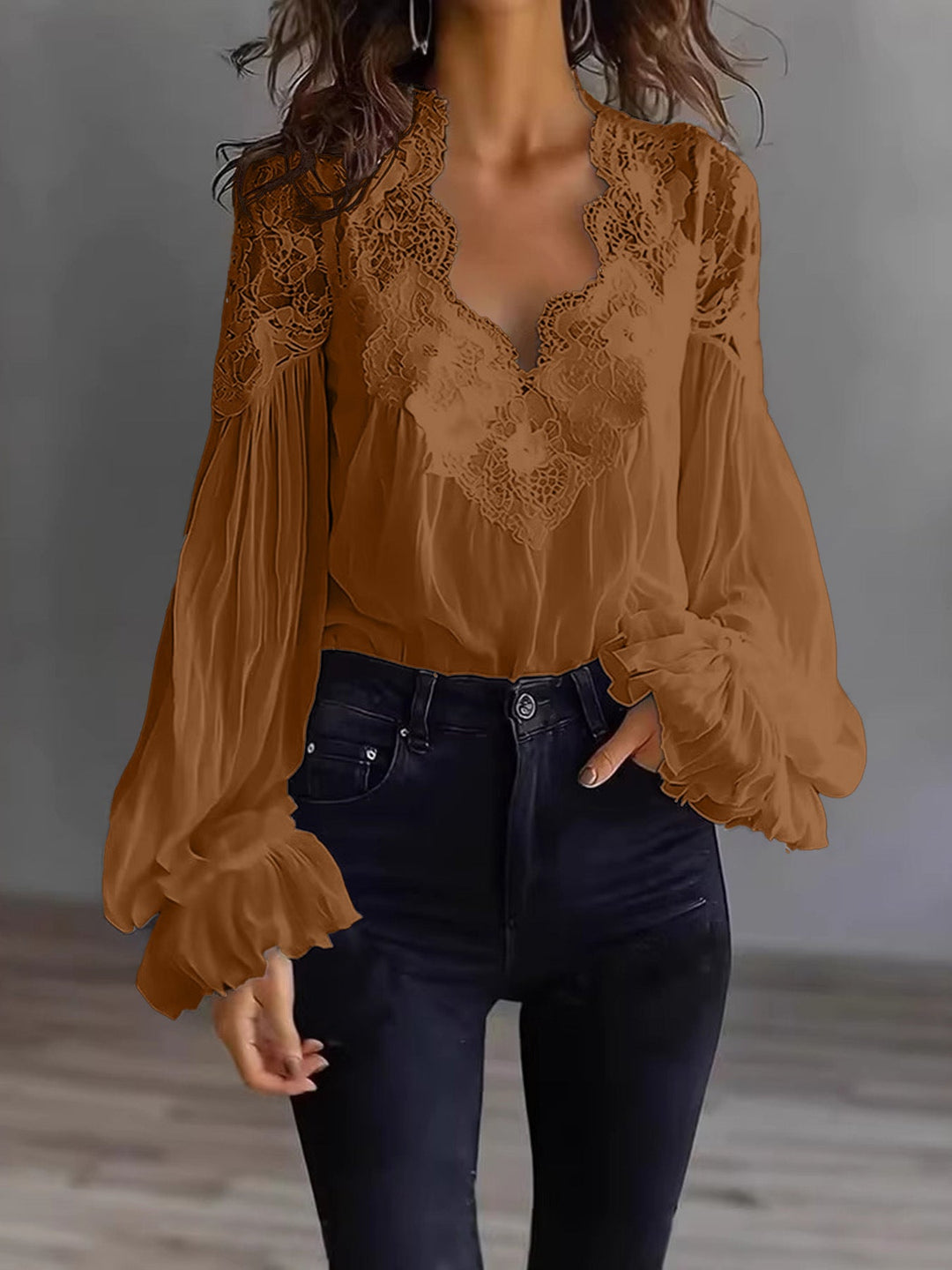 Summer style women's lace blouse, light and flowing, adorned with chic ruffle long sleeves.