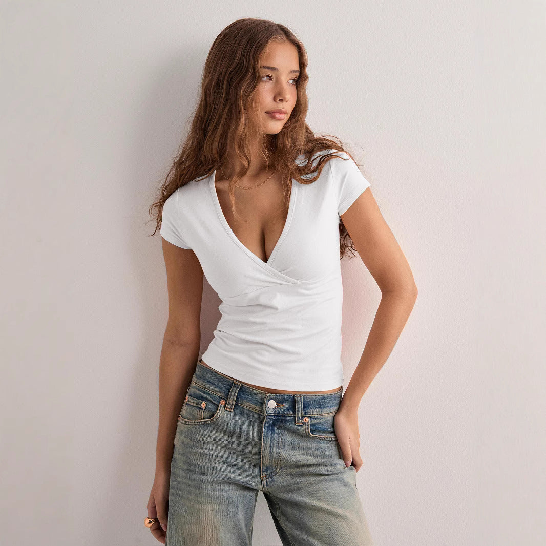 Stylish women's wrap top with a flattering V-neck, designed to be form-fitting & comfortable for any occasion.